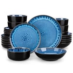 vancasso Dinner Set, Reactive Glaze Dinner Sets for 6 People, 24-Piece Mediterranean Crockery Set with Dinner Plates, Dessert Plate, Cereal Bowls and Pasta Bowls, Playa Blue