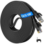 Câble RJ45 10m Cat 6, Câble Ethernet 10m Haut Débit Fibre Câble Réseau Plat très Long, Gigabit 1000Mbits LAN Cable Internet 10 Mètres Intérieur Noir Cable Ethernet -pour Routeur Switch Modem