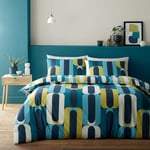 Fusion - 70s Retro Shapes Blue Duvet Cover - Single Bedding Size (140 x 200cm) - Funky Hula Hoops Bed Set - Easy Care & Washable - Blue Duvet Cover w/Geometric Circle Print - Vector Retro Inspired