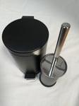 MATT DARK BLACK METAL BATHROOM SMALL 3 LITRE PEDAL BIN & TOILET BRUSH HOLDER SET