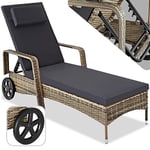 tectake® Chaise Longue Bain de Soleil en Resine Tressee Résistant Inclinable avec Roulettes Transat Salon de jardin exterieur Mobilier de Jardin Chaise Longue Piscine Plage - Marron Naturel/Gris Foncé