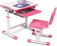 Ensemble Bureau et Chaise pour Enfant avec Hauteur Reglable et Table Inclinable avec Tiroir et Crochet sur Cote rose