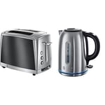 Russell Hobbs 23221 Luna Two Slice Toaster, 1500 W, Grey & 20460 Quiet Boil Kettle, Brushed Stainless Steel, 3000W, 1.7 Litres
