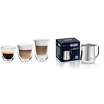 De'Longhi 5513296671 DLSC302 Delonghi Fancy Box 6er Set Thermo Glasses, Clear, 1L & DLSC060 ECO 311.W/BK/R/B Milk jug, 18/8 Stainless Steel, 350 ml