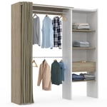 Dressing extensible blanc et bois MARTY 120/170 x 50 x 180 cm avec rideau + doub