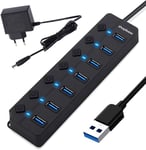 Séparateur USB 3.0 avec Adaptateur 5V/2A,Extension USB à 7 Ports avec Interrupteur Marche/arrêt Individuel,hub de données d'extension Portable.[W238]