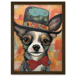 Chihuahua Dog Top Hat and Bowtie Modern Folk Art Artwork Framed Wall Art Print A4