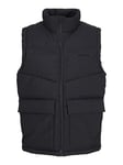 JACK & JONES Mens Puffer Gilet Full Zip Stand up Bodywarmer Quilted Collar Sleeveless Jackets for Men, Black Colour, Size- XL