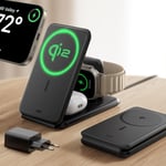 Qi2 Station De Charge Sans Fil 3 En 1,15w Chargeur Apple Watch[Certifie]Et Support De Magsafe Pour Iphone,Pour Plusieurs Appareils,Iphone 16/15/14/13,Montre Et Airpods 4,Noir