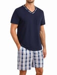 Demegimi Pyjama Homme Été Pyjama Homme Coton Court Ensembles de Pyjama Ete Chemise col V Manches Courtes Pijamas Ensemble Pyjama Estival(Bleu Foncé+Bleu,XL)