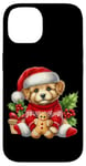 Coque pour iPhone 14 Chiot mignon en bonnet de noel avec biscuit au pain d'épice