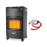 Geepas Portable Gas Heater 4.2KW | Electric & Piezoelectric Ignition, LPG/Butane Gas Heater with Wheels, Regulator & Hose | Energy Efficient Space Heater With Low Running Cost | Black