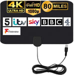 Indoor TV Aerial 80 Miles Digital HDTV Antenna, 4K 1080P Freeview, 12.2FT Cable