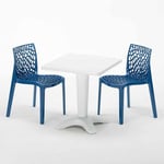 Grand Soleil - Table Carrée Blanche 70x70cm Avec 2 Chaises Colorées Set Bar Café Gruvyer Patio Couleur: Bleu