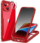 CENHUFO Anti Espion Coque iPhone 14 / iPhone 13, avec Protection écran Verre Trempé Anti Espion et Protecteur Caméra [9H HD] 360° Antichoc Téléphone Housse Double Face Case Intégrale Etui - Rouge