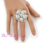 Silver Pl Pansy Poppy Flower Floral Statement Cocktail Ring w/ Swarovski Crystal