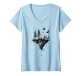 Womens Surreal Floating Island Shirt - Dark Forest and Raven Art V-Neck T-Shirt