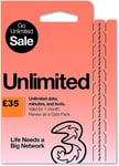 New Three UK SIM Card PAYG Pay As You Go Unlimited Data Calls & Text 3g Phone