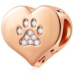 Rose Gold Dog Paw Print on my Heart Charms, fits Pandora Animal Pet Bracelet, 925 Sterling Silver Openwork Puppy Bone Pawprint CZ Beads, Gifts for Mum/Girl/Boy/Best Friends