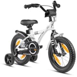 PROMETHEUS BICYCLES® Barnesykkel 14 i hvitt og svart fra 3 år med treningshjul