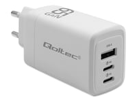 Qoltec - Strömadapter - Gan, 5-20V, 3-3.35A - 65 Watt - 3.35 A - Pd, Quick Charge 3.0 - 3 Utdatakontakter (2 X 24-Stifts Usb-C (Pd), Usb) - Vit