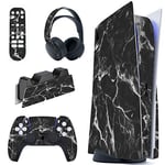 PlayVital Kit de Autocollants Skin Decal pour ps5 Sticker Vinyle pour ps5 Console&Manette&Station de Charge&Casque&Télécommande Média-Édition Régulière-Effet Marbre Blanc Noir