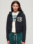 Superdry Athletic Relaxed Crop Zip Hoodie - Navy, Navy, Size 8, Women