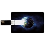 32G USB Flash Drives Credit Card Shape World Memory Stick Bank Card Style Starry Outer Space View with Planet Earth Calm Silent Universe Galaxy Decorative,Dark Blue Green White Waterproof Pen Thumb Lo