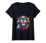 Womens Monkey DJ Disco Music Lover Headphones Gorilla Chimpanzee V-Neck T-Shirt