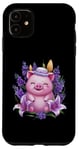 Coque pour iPhone 11 Cochon en style dessin animé kawaii avec lavande et lys