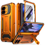 Poetic Spartan Case for Google Pixel 9 Pro Fold 5G, [Hinge Protection][Kickstand][Mil-Grade Protection] Full-Body Shockproof Protective Rugged Cover with Built-in Screen Protector, Metallic Orange