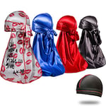 4PCS Silky Durags for Men 360 Waves, Designer Do Rag, Award 1 Wave Cap, Kiss Blue Black Red, M