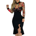 Kvinnor Eleganta festklänningar Blommönster Print Bodycon Klänning Ruffle Fåll Slit Design C Red M