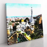 Parc Guell Gaudi in Barcelona Spain Painting Modern Canvas Wall Art Print Ready to Hang, Framed Picture for Living Room Bedroom Home Office Décor, 50x50 cm (20x20 Inch)