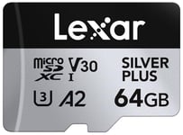 Lexar Silver Plus Carte Micro SD 64 Go, Microsdxc Carte TF jusqu'à 205 Mo/s en Lecture, 100 Mo/s en écriture, Carte Mémoire Micro SD+ Adaptateur, A2, U3, Classe 10, V30, Full HD et 4K UHD Video