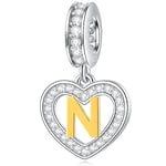 Letter N Charms Initial Necklace Pendant, 18K Gold Letra n, 925 Sterling Silver Heart Alphabet Dangle Beads, fit Pandora Style Name Bracelet, Gifts for Nana/Niece/Nurse/Nephew