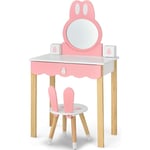 Coiffeuse avec Tabouret pour Enfants - Miroir Amouvible - 1 Tiroirs - 2 Boîtes de Rangement - Décor Rose + Blanc - Costway