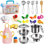 Sundaymot Ensemble de Cuisine pour Enfant, Ustensiles de Cuisine Jouet en Bois avec Acier Inoxydable Casseroles et Poêles,Tablier et Toque, Chef Jeu de rôle pour Garçons et Filles 3 Ans (24 PCS)