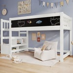 Wishdor - Lit Mezzanine Pour Enfant 90 x 200 cm avec 2 tableaux à dessiner. rangement et protection antichute. Blanc