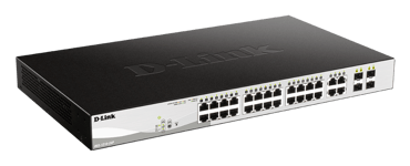 D-LINK – Verkkokytkin, Layer 2, 10/100/1000BASE-TX, 24xRJ45, 4xSFP, PoE, metallinen, musta/hopea (