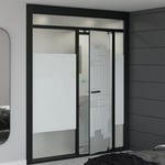 Salle de bain niche KINEDO MODULO Luxe 200x100 haute douche à gauche, meuble vasque, WC (avec broyeur) sèche serviettes à gauche noir verre blanc