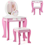 Coiffeuse Enfant 2 en 1 avec Tabouret et Miroir Amovible, Ensemble de Coiffeuse Cosmétique pour Enfant avec Tiroir de Rangement, Charge Max 30KG,