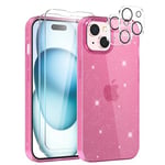 YIRSUR Glitter Clear Case for iPhone 15 Plus with 2 Pack Screen Protector with 2 Pack Camera Lens Protector, Soft TPU Bumper Anti-Scratch Shockproof Transparent Sparkly for iPhone 15 Plus -Pink