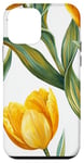 Coque pour iPhone 12 mini Tulipes jaune vif avec feuilles vertes sur fond blanc