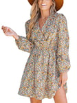 CUPSHE Robe pour Femme Col en V Look Portefeuille à Manches Longues Motif Floral Ligne A Robes décontractées en Mousseline de Soie Mini Robe Portefeuille Jaune Motif Floral XL