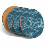 4 Set - Blue Surf Wave Illustration Coasters - Kitchen Drinks Coaster Gift #3896