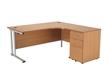 Office Hippo Heavy Duty Right Corner Radial Office Desk With 3 Drawer Desk High Storage, Home Office Desk, Filing, PC Desk For Office or Home, 5 Yr Wty, MFC -Beech,Silver Desk Frame, 160cm x 160.4cm