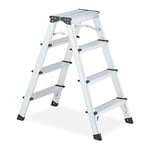 Relaxdays Stepladder, 4 Tread, Folding Step Stool, Lightweight Aluminium, Double-Sided, up to 120 kg, Silver/Black