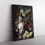 Big Box Art Still Life with Flowers and Fruit Vol.2 by Jan Van Huysum Canvas Wall Art Print Ready to Hang Picture, 76 x 50 cm (30 x 20 Inch), Brown, Black, Grey