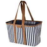 CleverMade Sac fourre-tout pliable de luxe rayé bleu marine – Sac fourre-tout structuré avec poignées et fond renforcé – Sac d'épicerie réutilisable, sac de courses, sac fourre-tout utilitaire 30 l